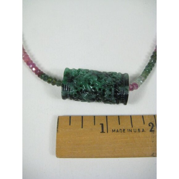 Tourmaline Faceted Bead Necklace Carved Jade Pendant Sterling Silver Clasp 18 In - Picture 3 of 13